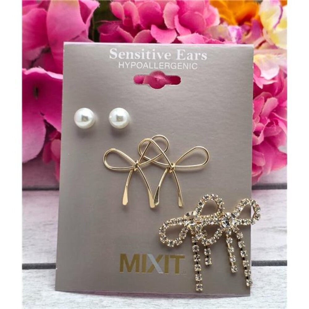 Mixit Sensitive Ears Earring Set Pearl Stud Bow Rhinestone Gold Tone 3 Pair